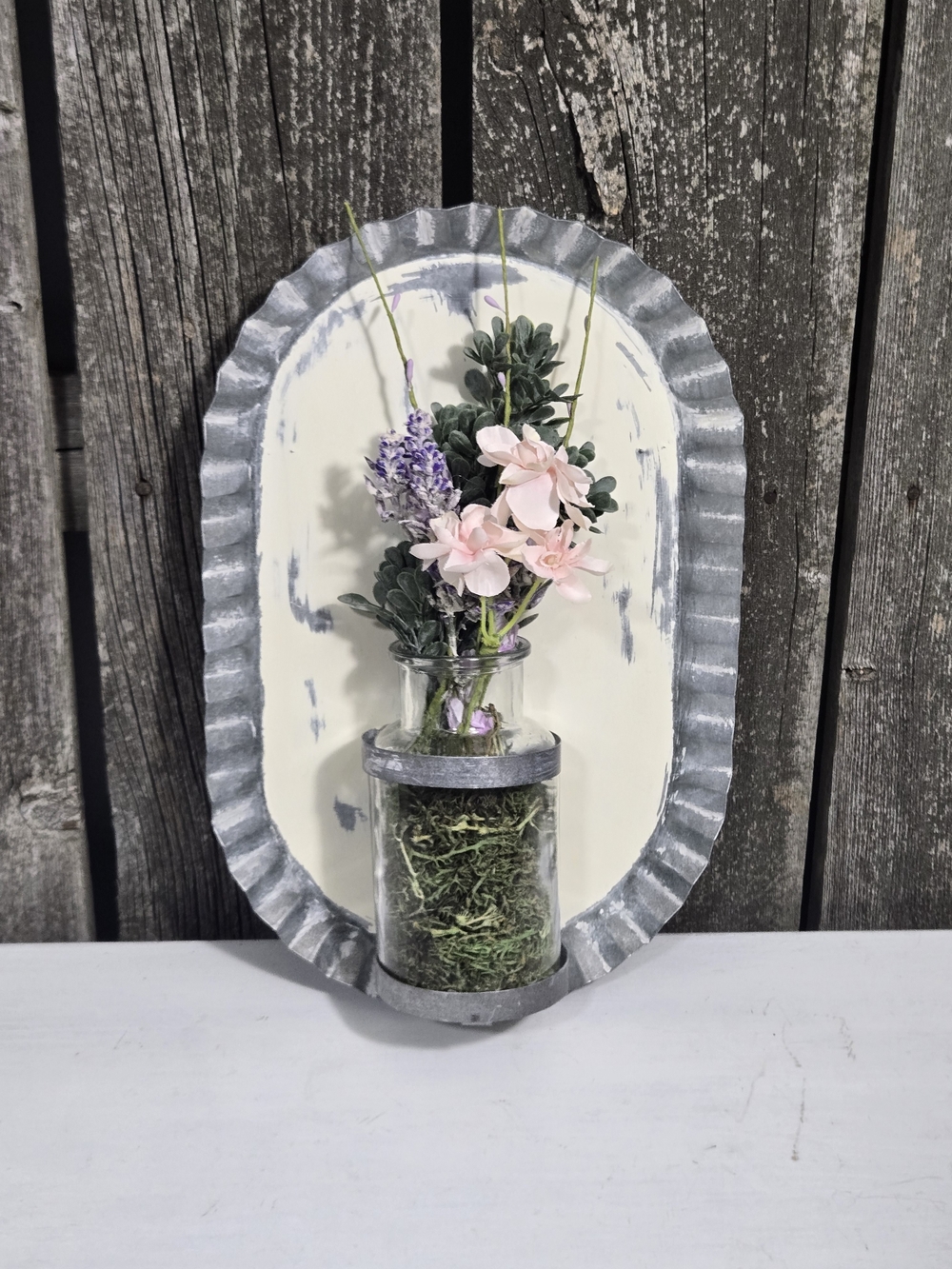 Rustic Metal & Cream Wall Vase Plaque with Pink Floral Accent